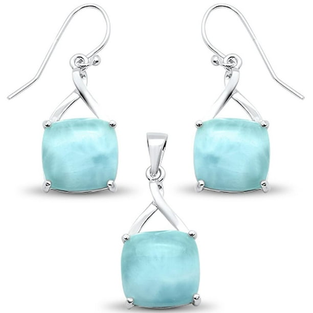 Promotion Earrings Ring Necklace .925 Sterling Silver Genuine Larimar Set